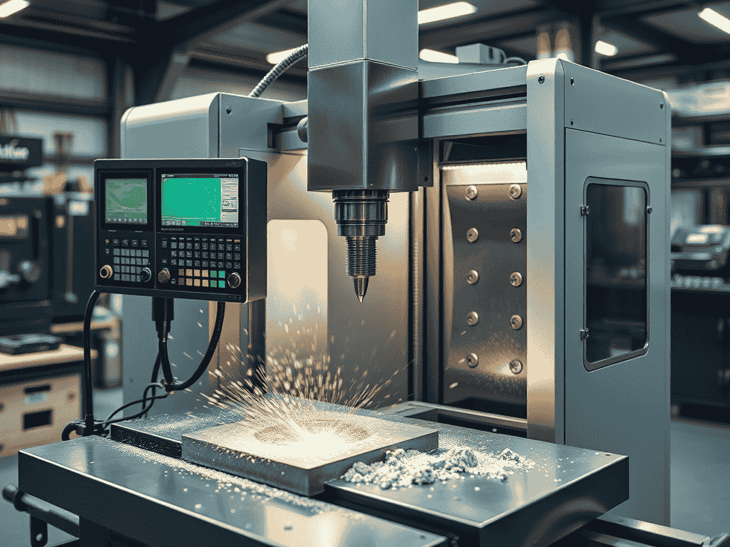 Three-axis vertical machining centre cutting a metal part with coolant