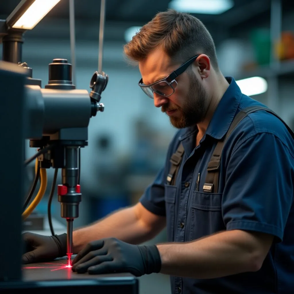 Maquinista en gafas de seguridad trabajando en una máquina en el taller