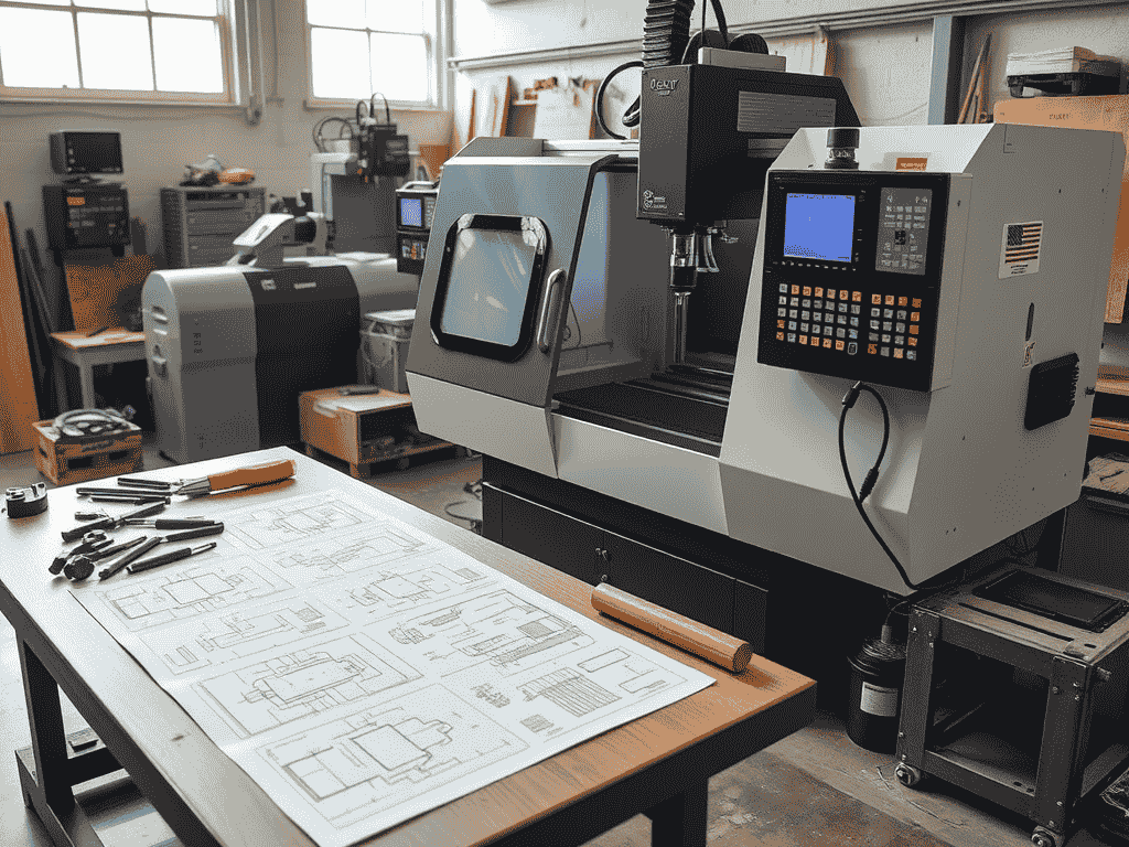 Contract manufacturing agreement context: a CNC lathe cell beside a workbench with drawings