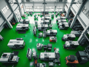 CNC machine shop floor in China with rows of multi-axis machining centres