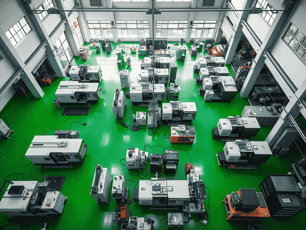 CNC machine shop floor in China with rows of multi-axis machining centres