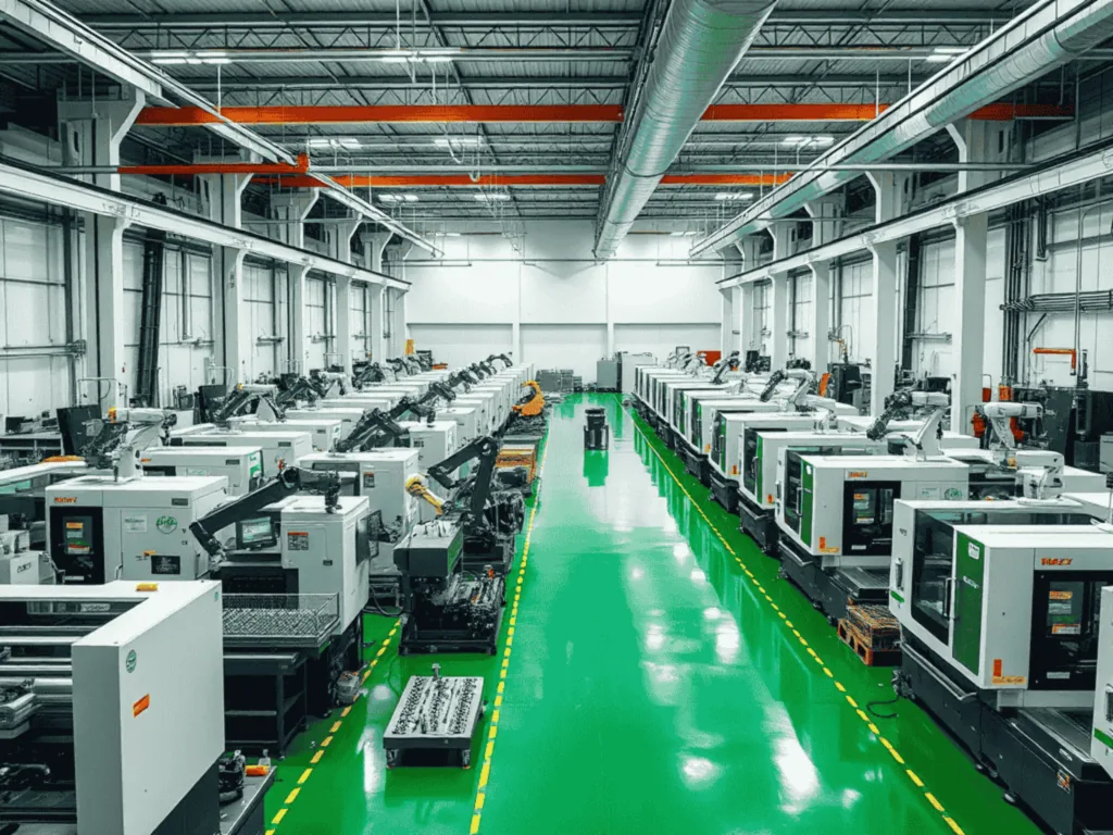 MW+ CNC machining workshop in Shenzhen China — 60+ advanced CNC machining centers running 24/7 with robotic automation for precision parts