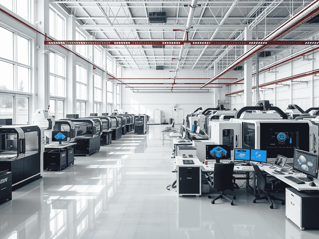 Sala de máquinas CNC brillante y ordenada en MetalWorks Plus con suelo sellado y filas de centros de mecanizado