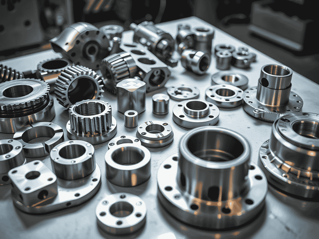 Custom CNC machined machine components in aluminum and stainless steel after inspection