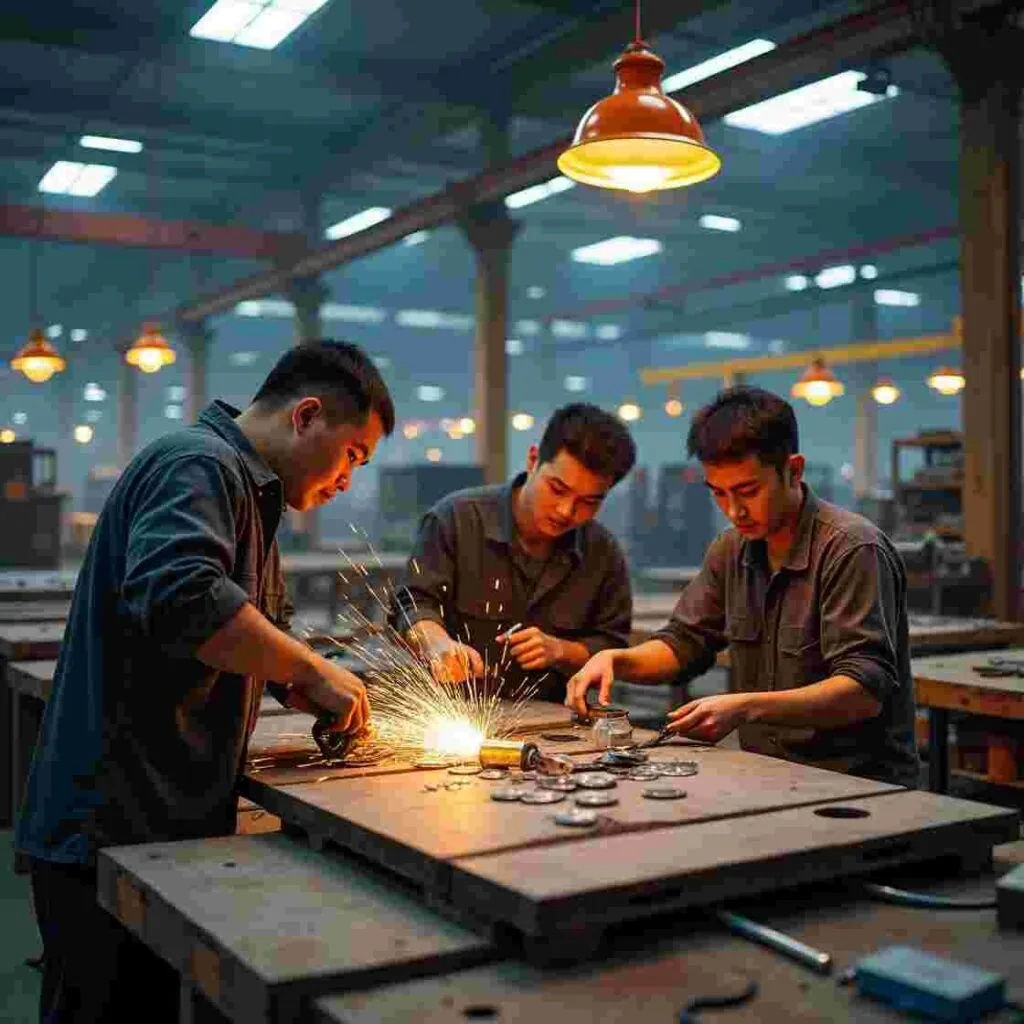 Engineers inspecting a machined component