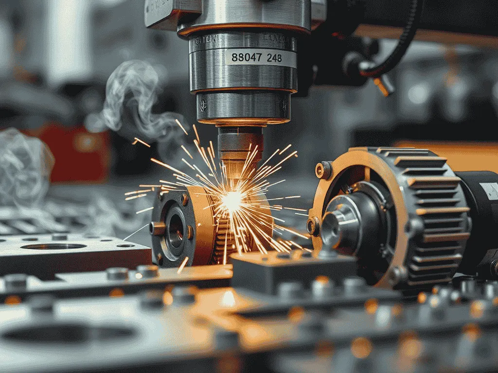 High-power fiber laser cutting a steel component with sparks