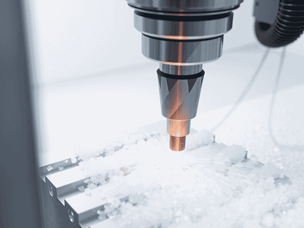Close-up of a precision machining head cutting a metal workpiece