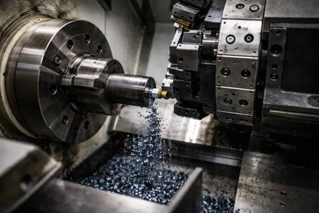 CNC lathe turning a precision metal pin with chips clearing from the cut at the MW+ Shenzhen plant