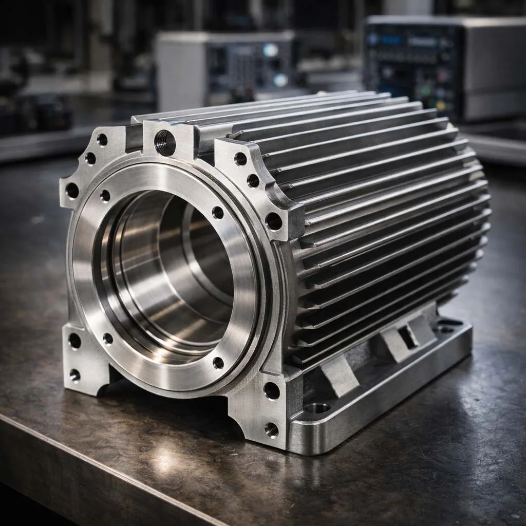 Aluminium EV housings after EV housing machining, with cooling fins and a precision bearing bore