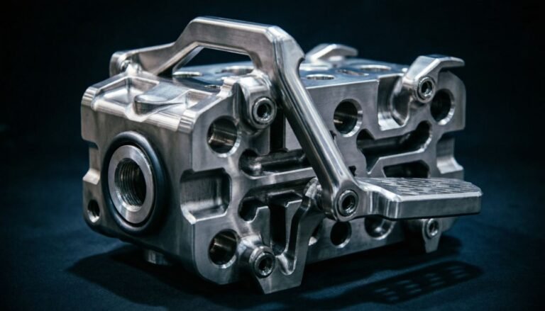 Multi-axis machined aluminium manifold with complex internal geometry