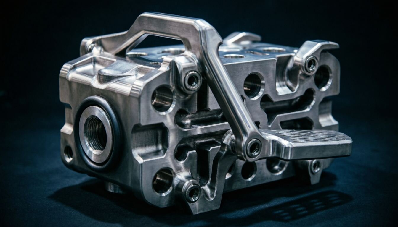 Multi-axis machined aluminium manifold with complex internal geometry