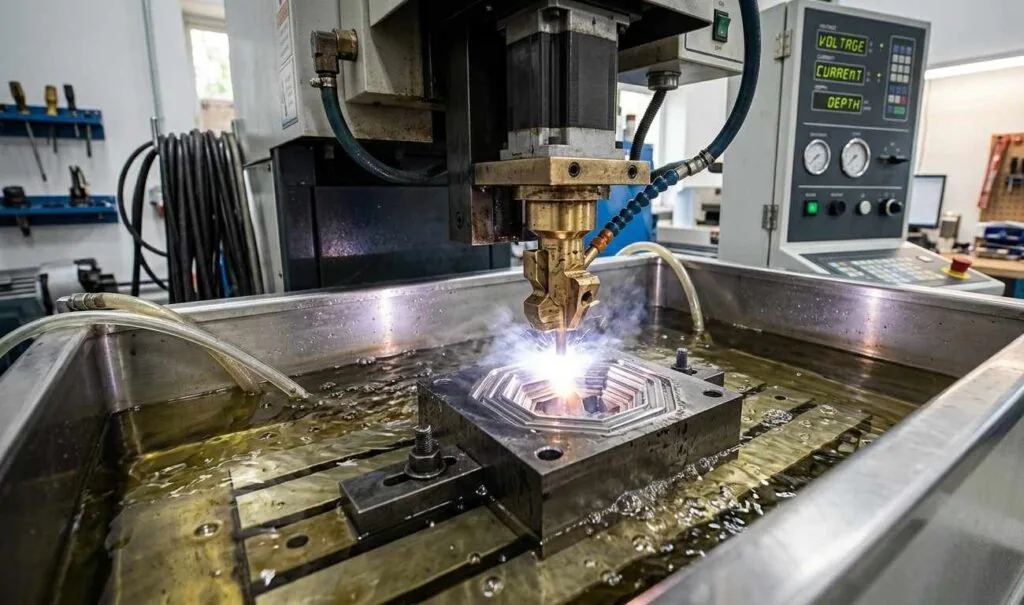 Wire EDM vs sinker EDM: an EDM machine cutting a hardened part