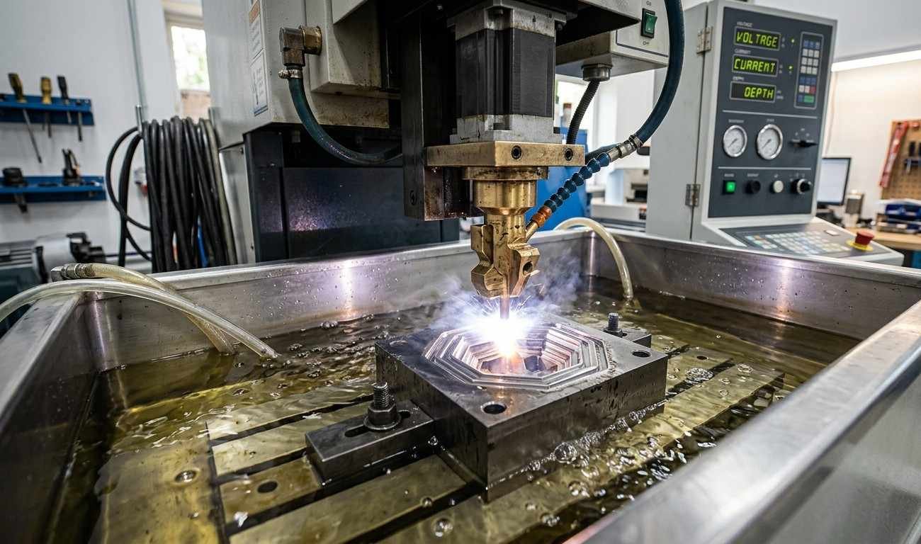 MetalWorksPlus wire EDM machine cutting a precision metal component — spark erosion in progress