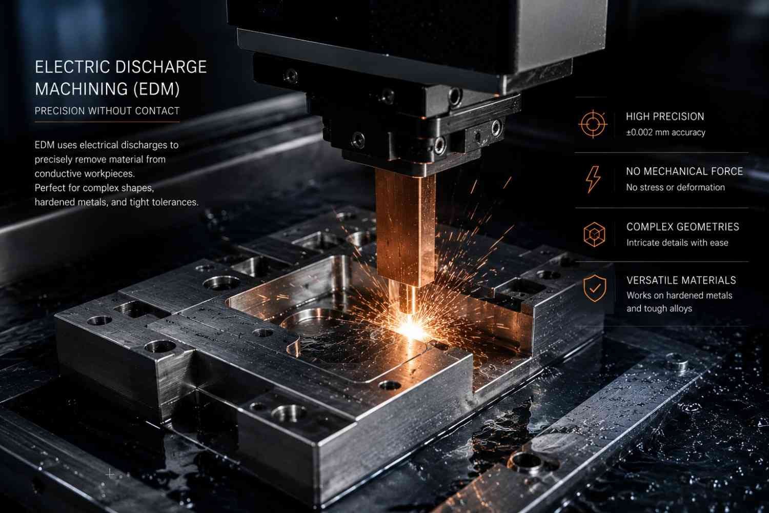 Close-up of EDM precision machined metal part showing mirror surface finish