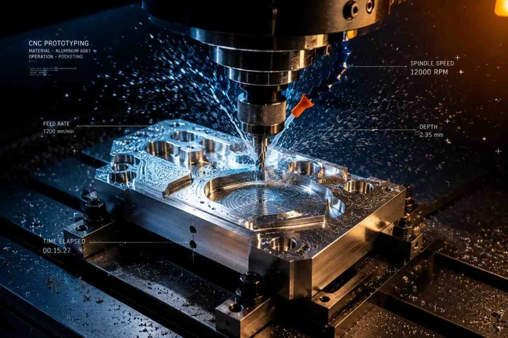 Prototype part being machined under coolant