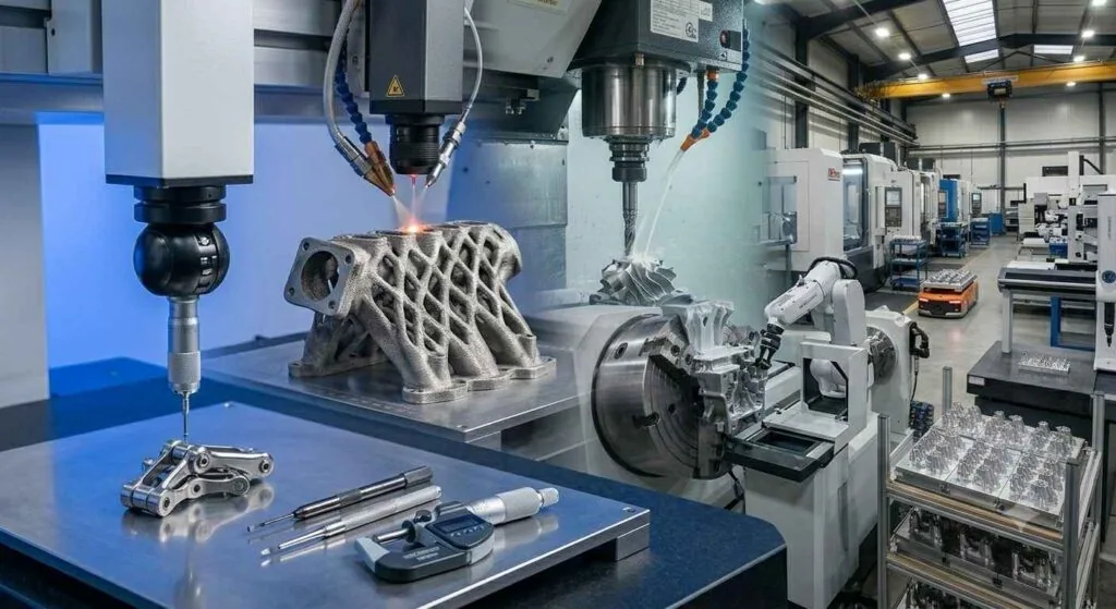 CNC machining process cutting a precision metal component with coolant applied