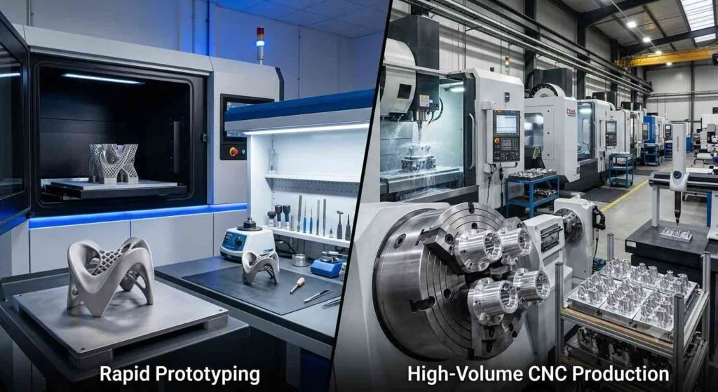 Machined metal prototype parts alongside a CNC production run of the same component