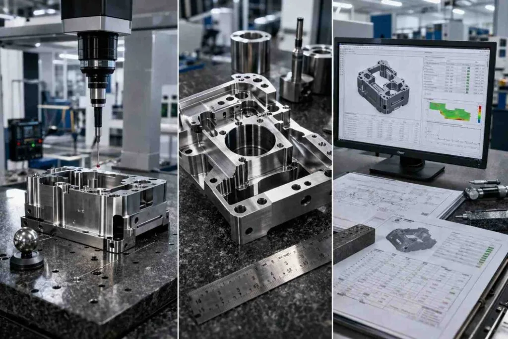 CMM inspection report reviewed against a machined part