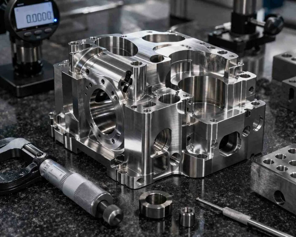 CMM inspection report being reviewed against a CNC machined precision part before shipment approval