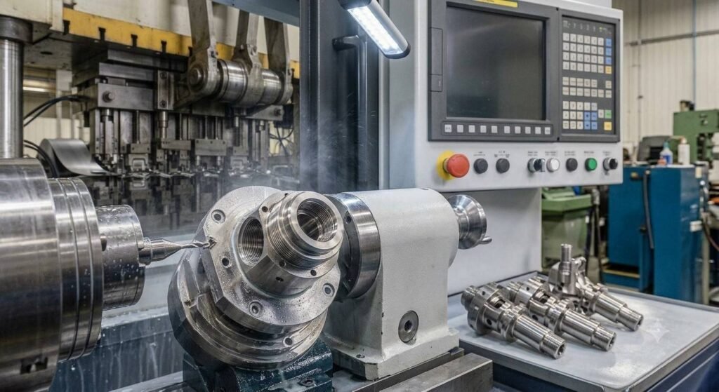 CNC lathe machining a metal workpiece inside the machine enclosure