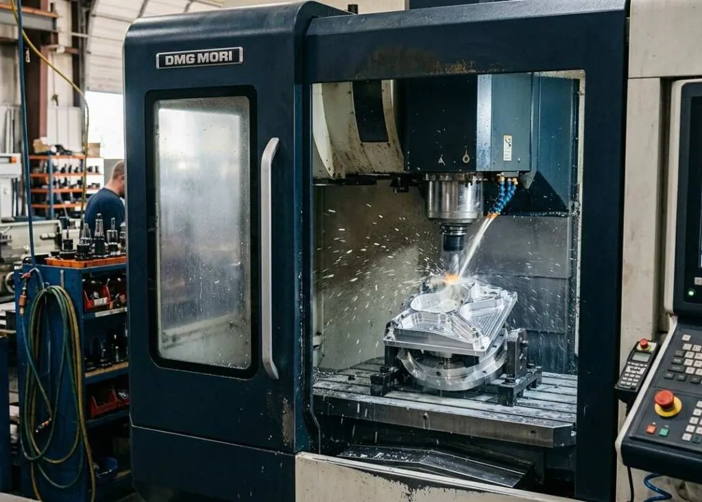 CNC machining centre cutting a precision component during a production run