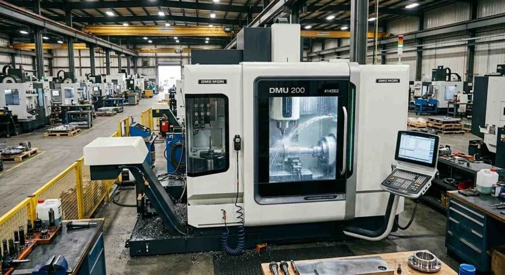 CNC machining centre cutting a metal part, illustrating the machine time line on a price-per-part quote