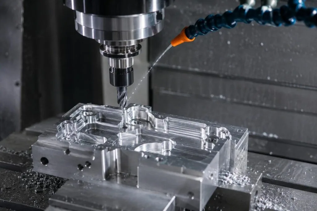 CNC milled part being machined on a vertical machining centre