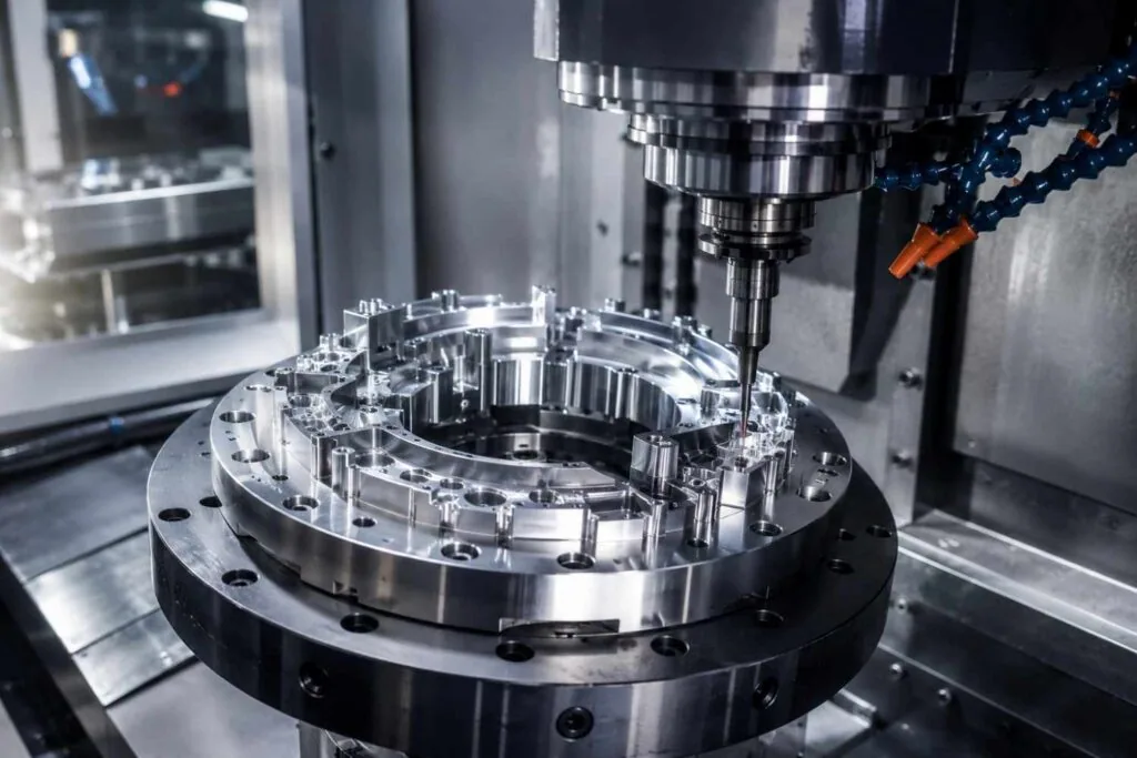 Large circular metal component on a CNC machining centre