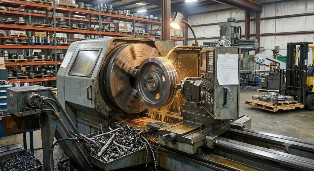 CNC turned parts being machined on a lathe