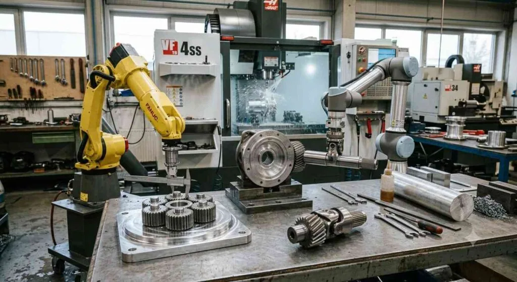 Precision turned steel drive shaft for an industrial robotics powertrain being measured after machining