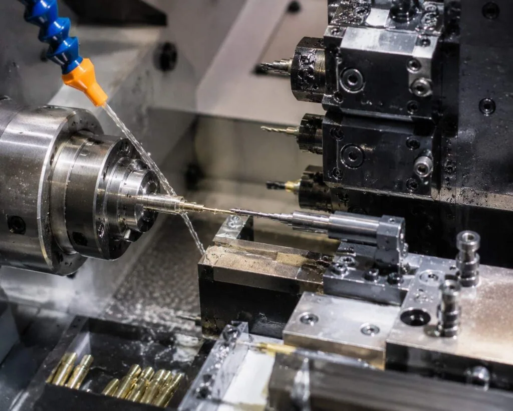 Swiss screw machining on a Swiss-type CNC lathe
