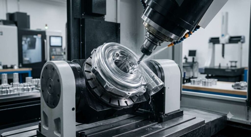 Complex automotive parts being machined on a multi-axis CNC machining centre