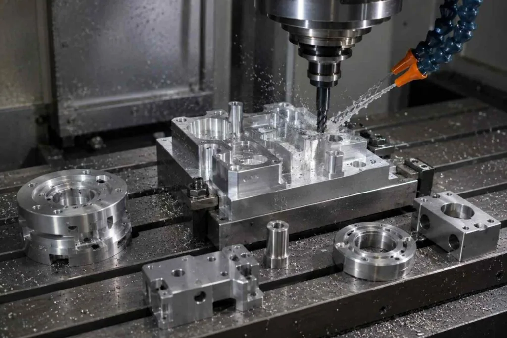Aluminum CNC milling of a part on a vertical machining centre