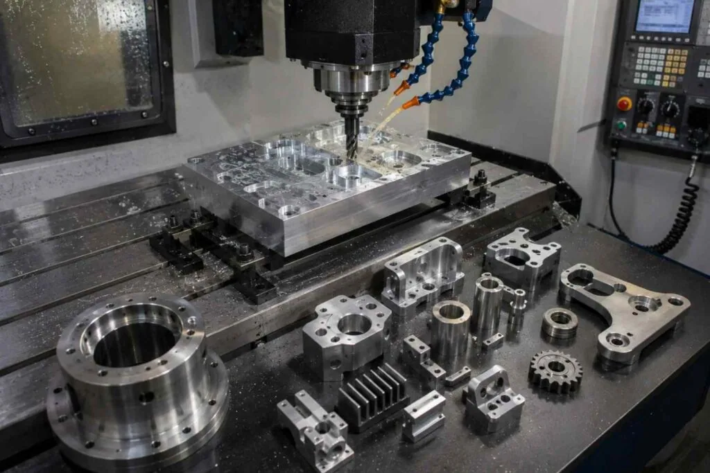 Finished CNC milled aluminum and stainless components laid out after inspection