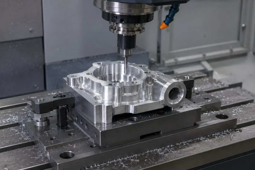 CNC prototype being machined from solid aluminium billet on a milling centre