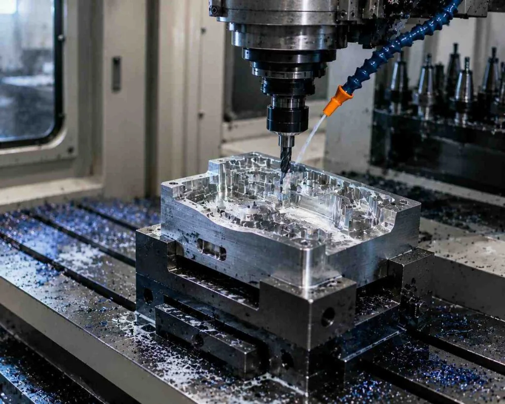 CNC milling machine cutting a metal block under coolant