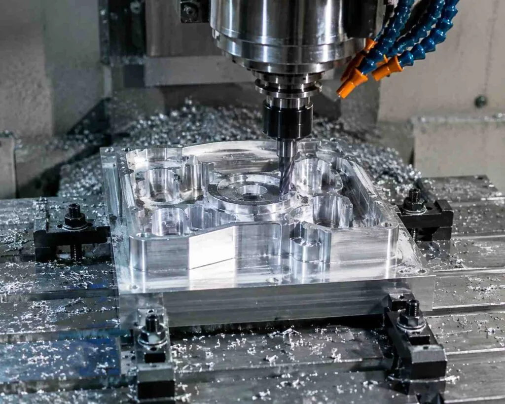 Swiss-type CNC lathe cutting a slender shaft close to the guide bushing