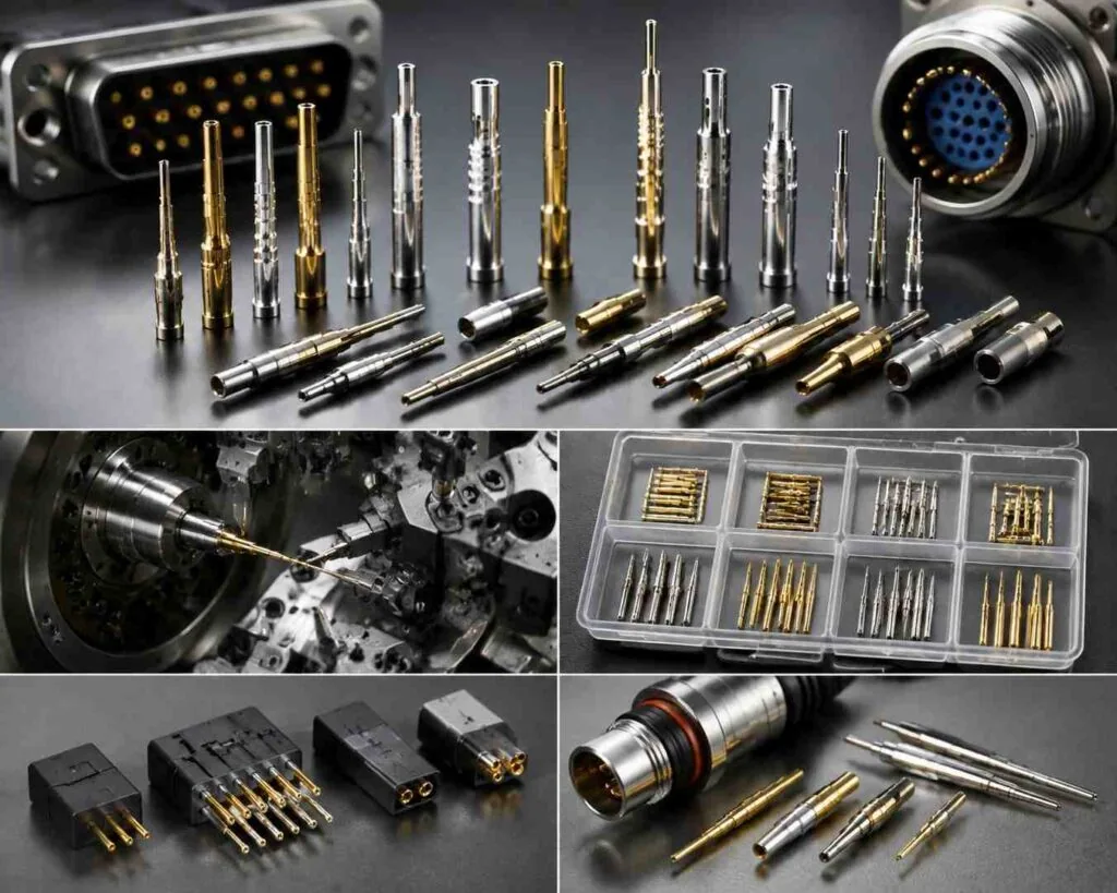 Batch of Swiss machined brass connector pins with turned shoulders and chamfered mating tips