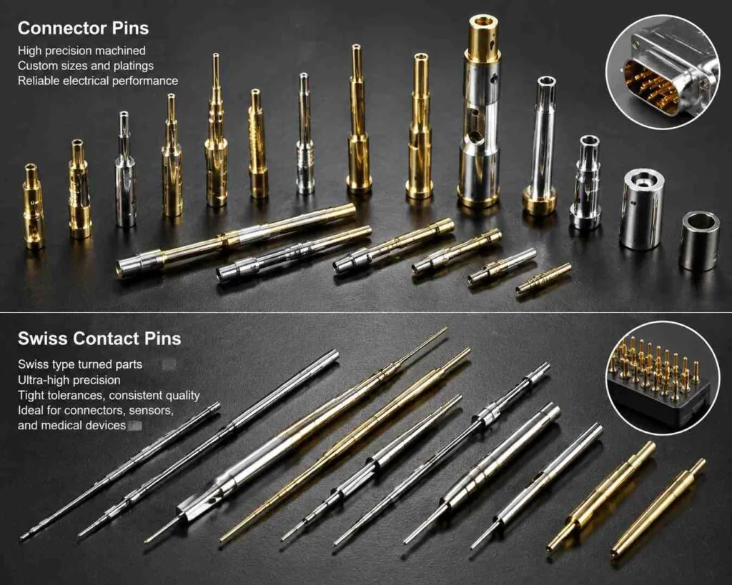 Close-up of machined contact pins showing retention grooves, chamfered tips and plated mating bands