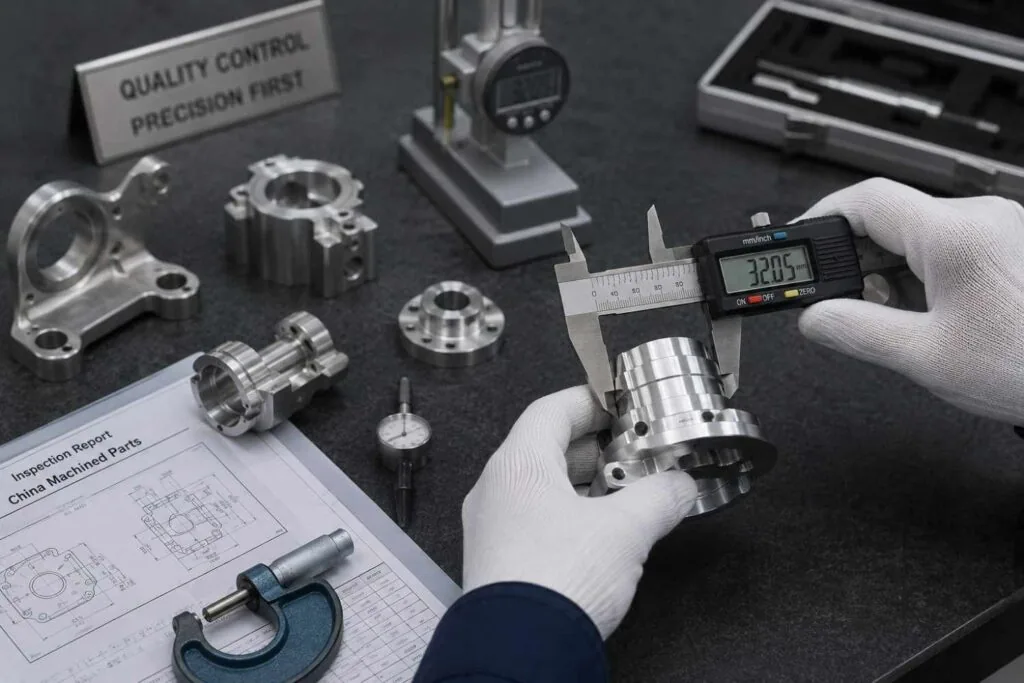 Machined parts staged for final inspection with lot documentation and inspection reports