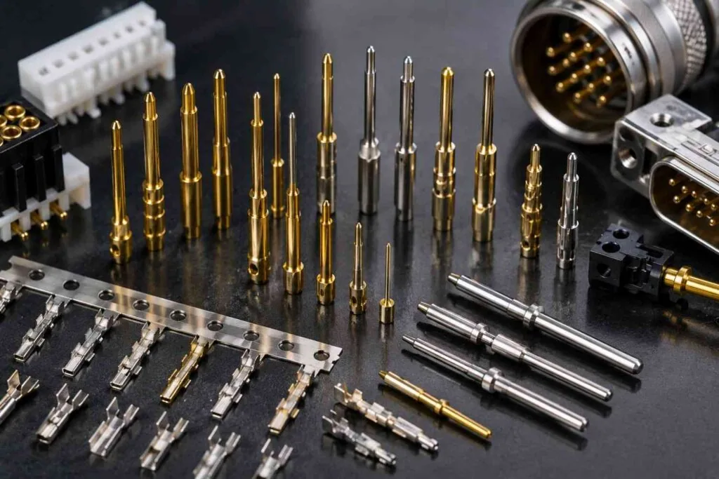 Gold-plated machined connector pins and contact pins turned at the MetalWorks Plus shop in Shenzhen