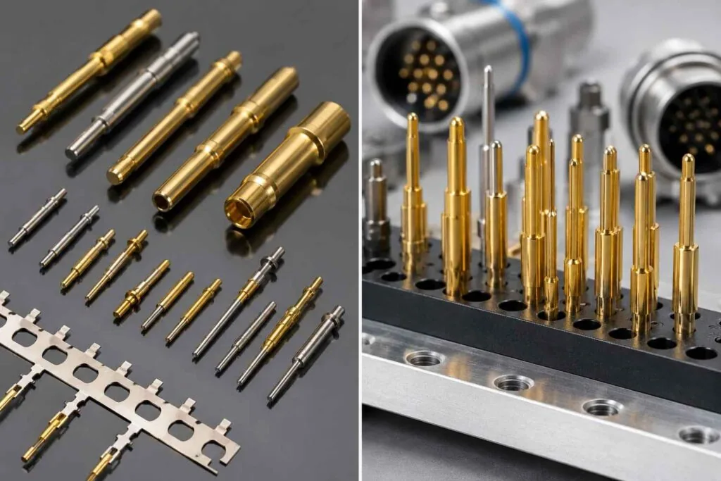 Swiss machined brass connector pins with turned grooves and chamfered lead-in