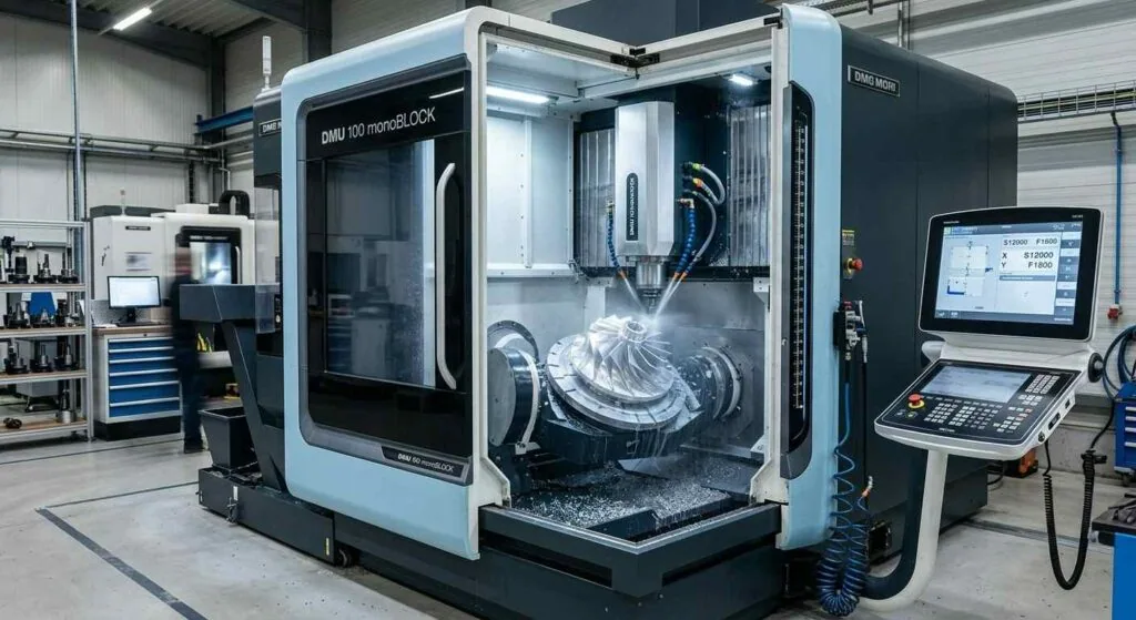 Contoured titanium component held in a five-axis trunnion fixture during inspection