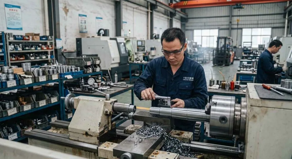 CNC lathe turning a steel shaft with coolant flowing over the cutting insert