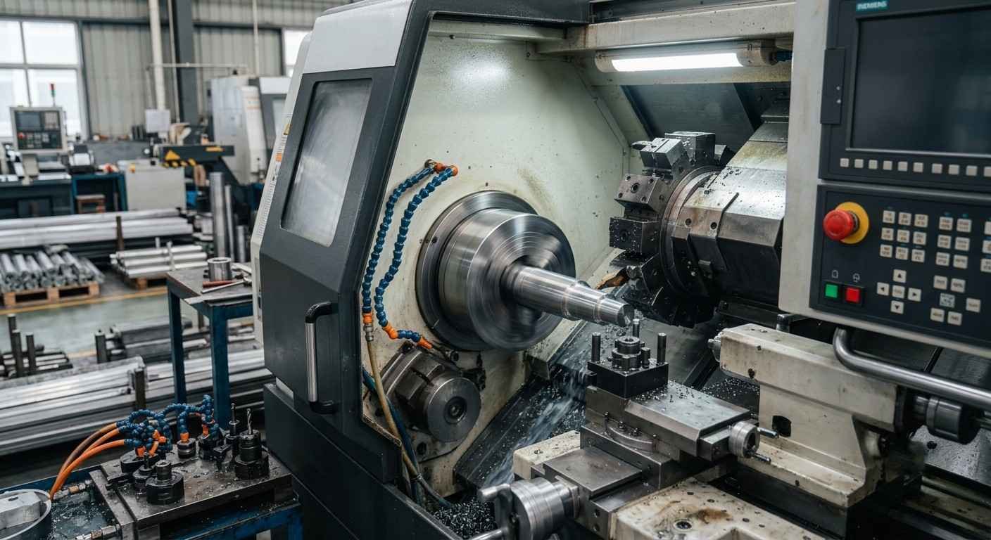 2-axis CNC turning centre with a chucked workpiece producing a precision shaft