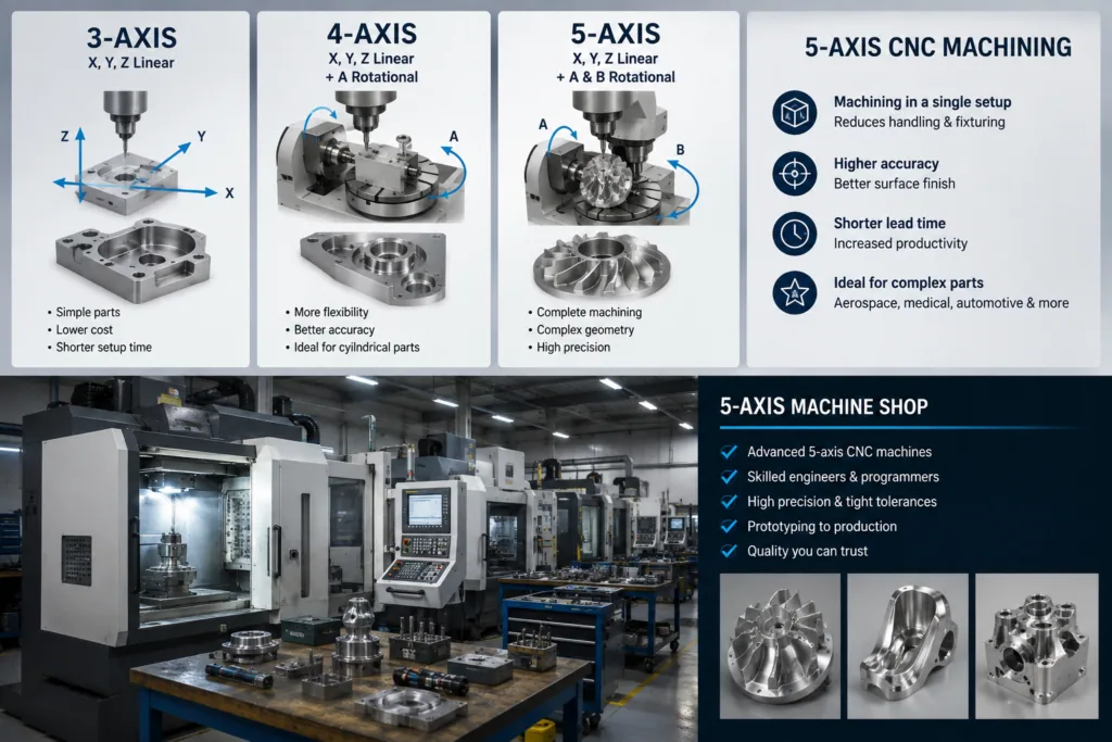 Simultaneous 5-axis machining centre cutting a compound-angle feature with the trunnion table tilted