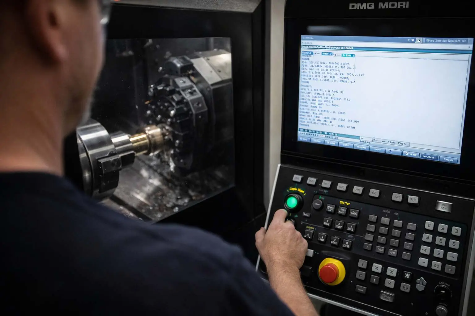 MW+ CNC machinist setting up a precision turning job at the machine control panel in our Shenzhen facility
