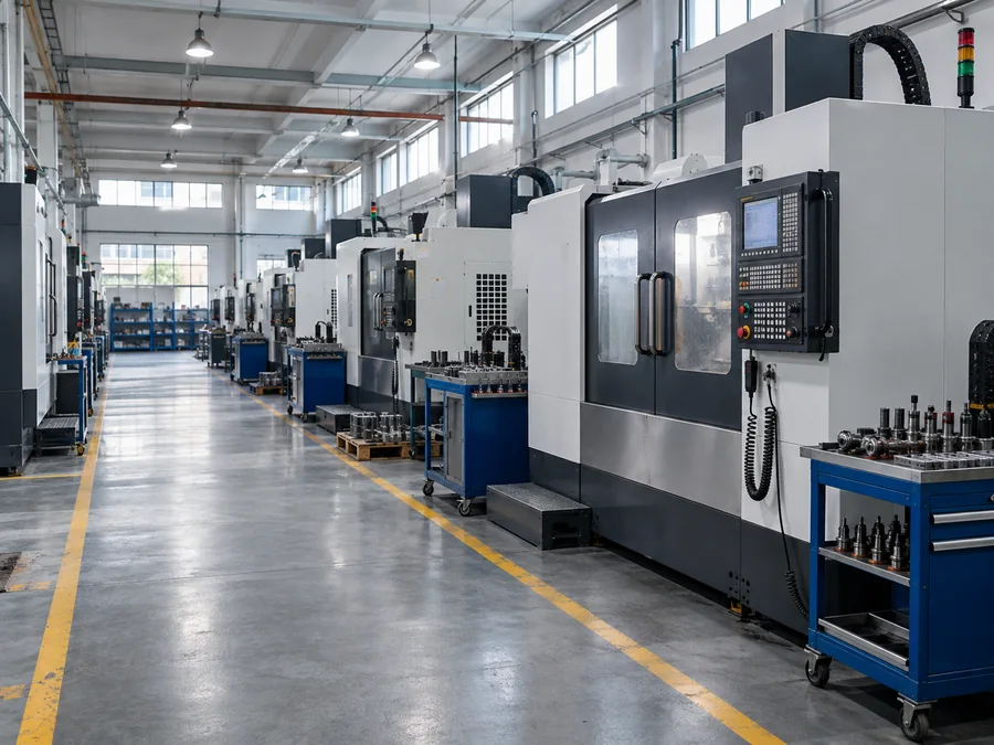 Modern CNC machining workshop with enclosed milling machines